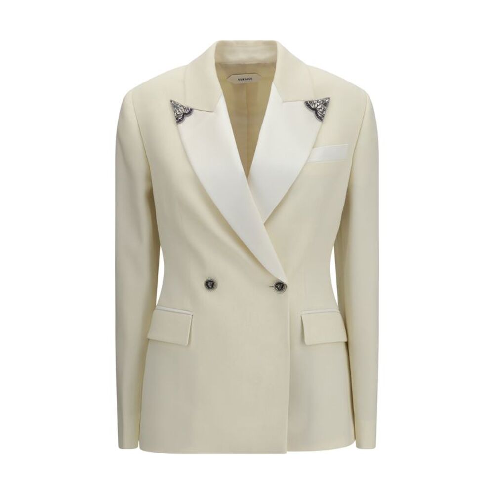 Versace Women Stretch Wool Blazer With Embroidered Lapels